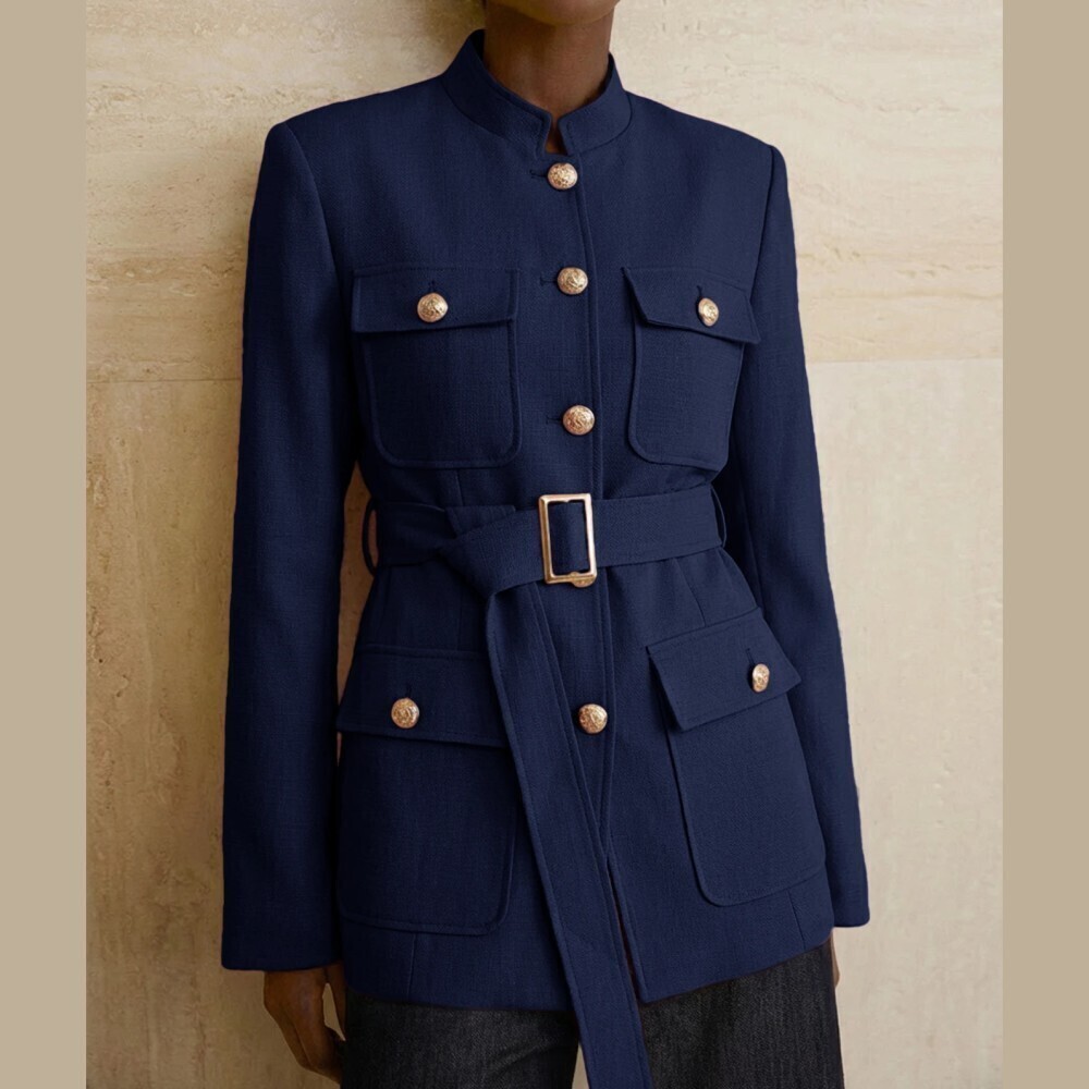Navy Blue Belted Stand Collar Four Pocket Military Blazer Jacket
